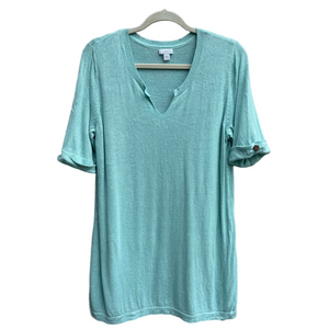 J. Jill Linen Blend Knit Tunic Shirt Turquoise Cuffed Short Sleeves Large